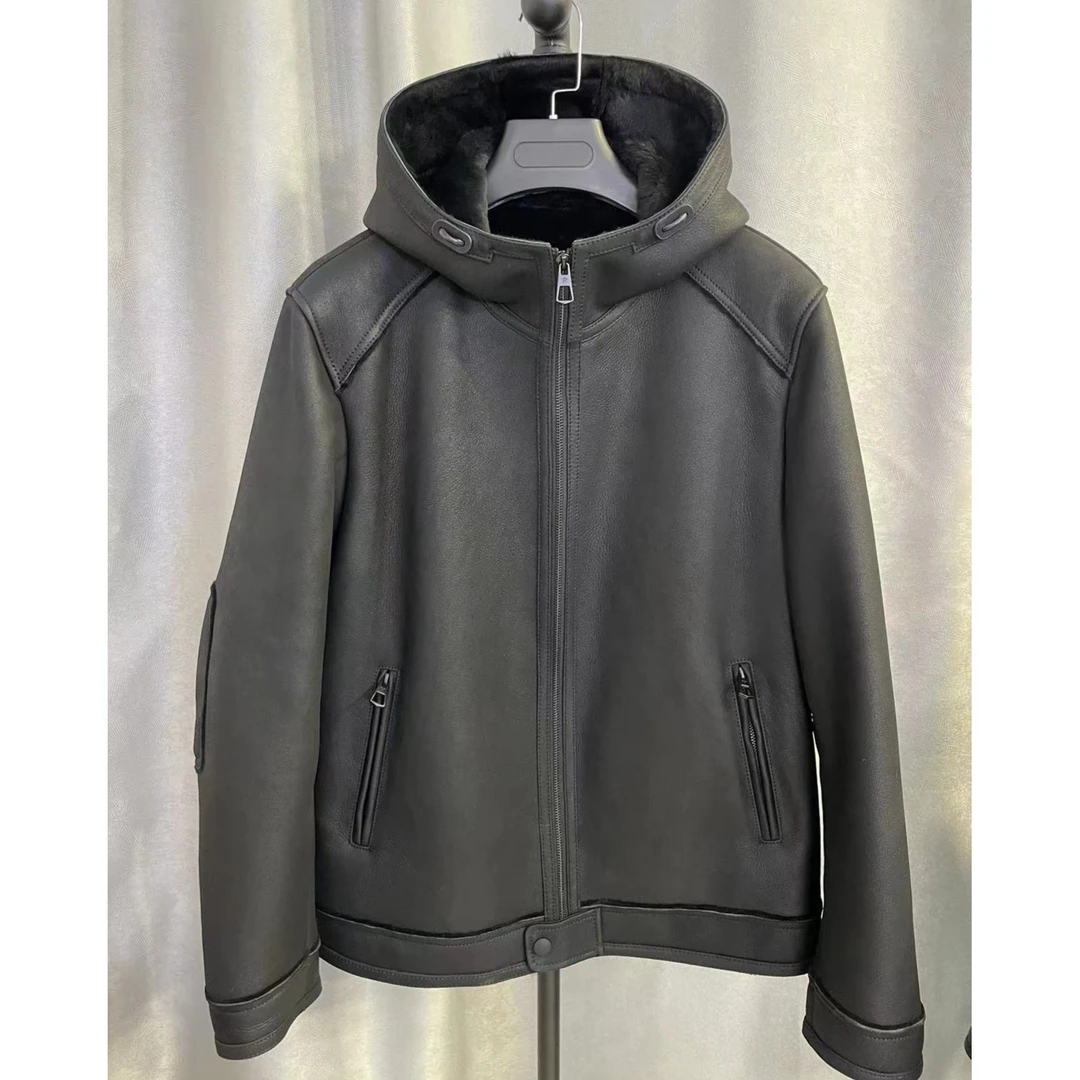 【8909-6】原生态皮毛一体男士连帽商务休闲原生态真皮外套8909-6