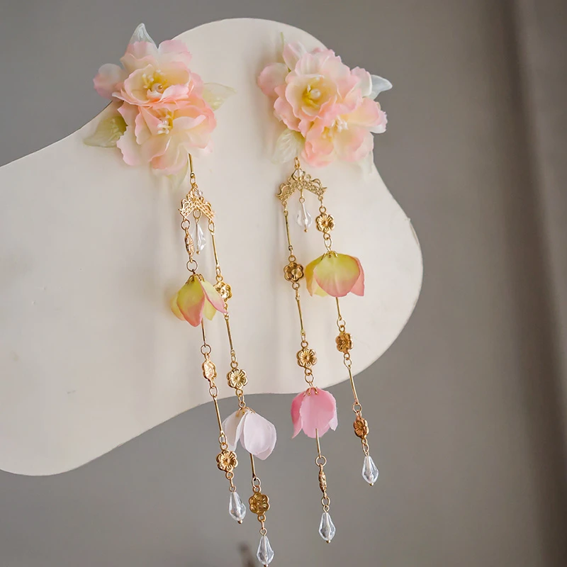 古风绢花发夹汉服仿真花头饰发簪超仙花朵长流苏边夹古装超仙配饰