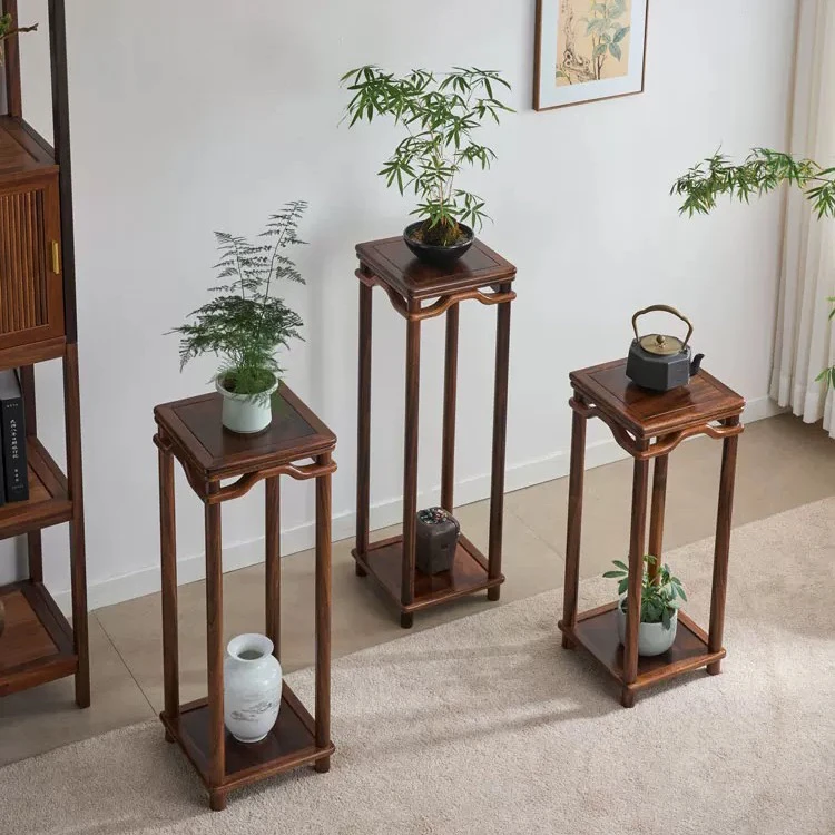 南美胡桃木中式实木花架置物架子新中式落地客厅家用木质简约双层