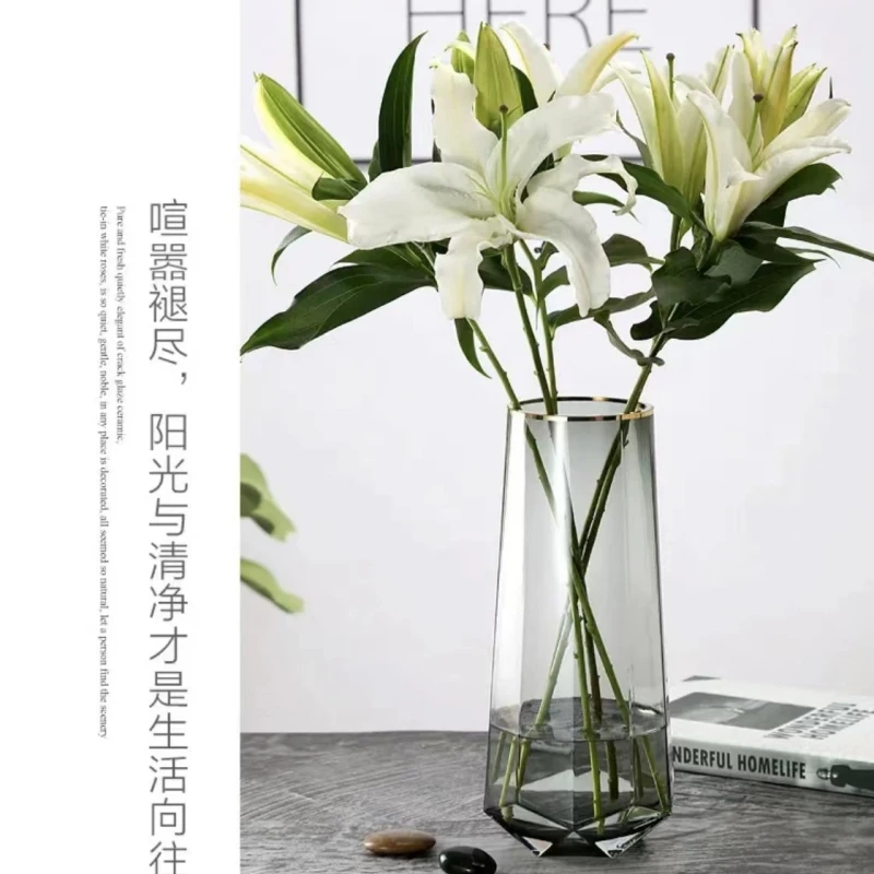 六角创意描金北欧轻奢玻璃花瓶水养水培鲜花客厅插花装饰摆件J822