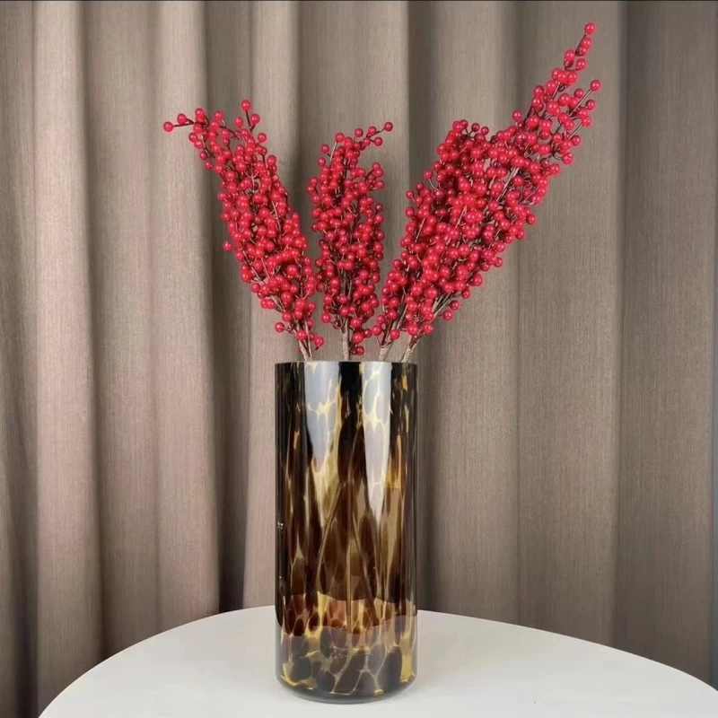 现代简约高级感豹纹大口径玻璃花瓶摆件样板间客厅插花器A501