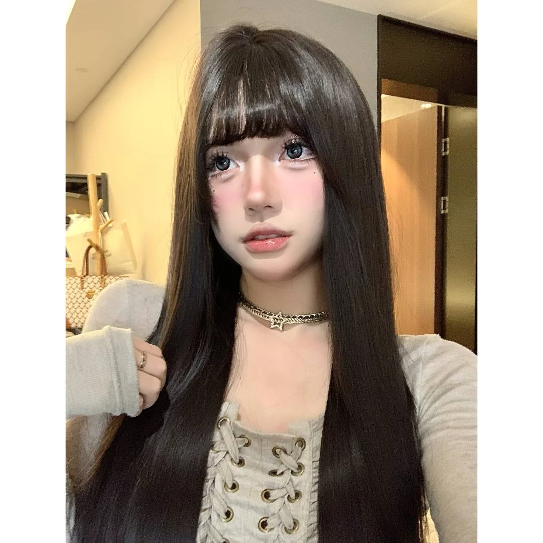 KuKu专属【妙龄少女】齐刘海黑茶长直发显白日常素颜可戴女士假发