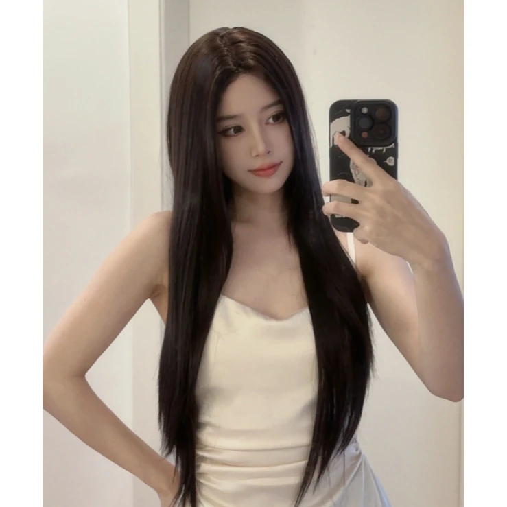 豆奶专属-【天选南湘】小额蕾丝黑茶长直发时尚感女全头套假发