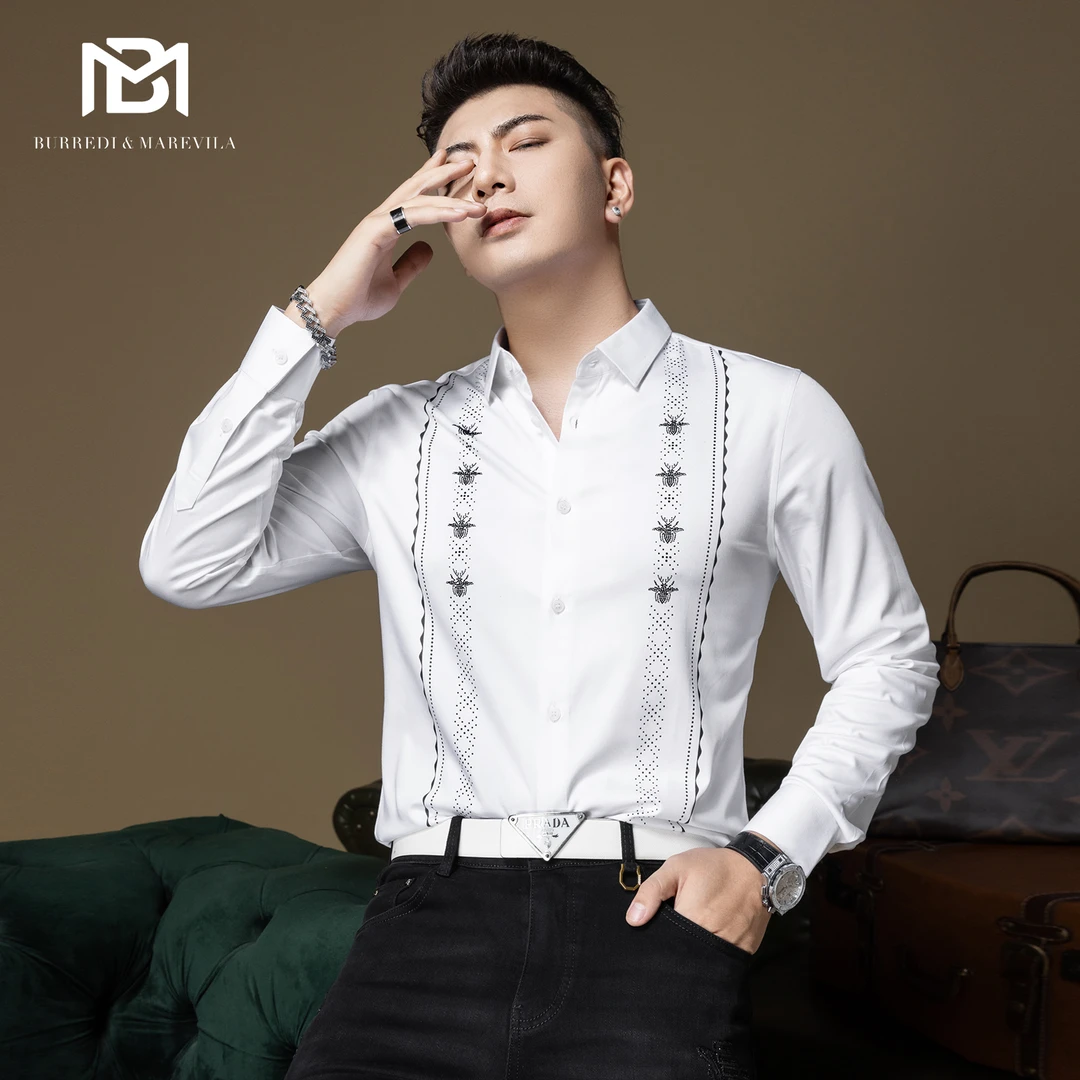 潮牌烫钻小蜜蜂衬衫男高端休闲修身男士长袖2023新款衬衣春秋款