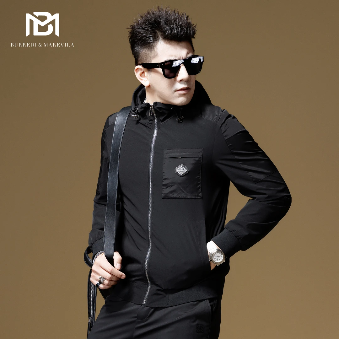 BM轻奢男装2023新款拼接工装外套男春秋款连帽潮牌高端夹克男上衣