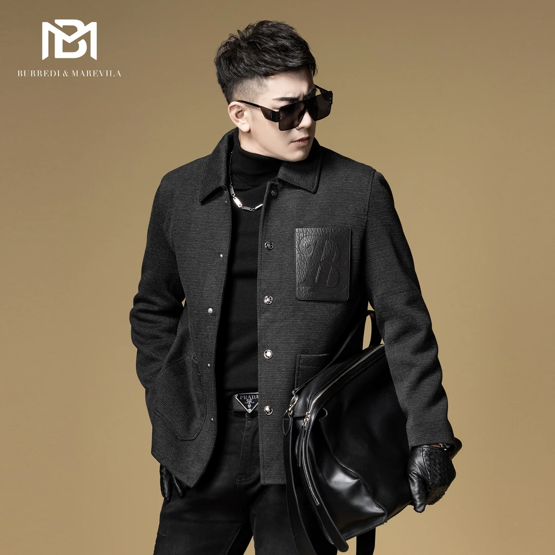 BM高端系列时尚皮口袋装饰潮牌衬衫式夹克外套男秋冬款男士上衣
