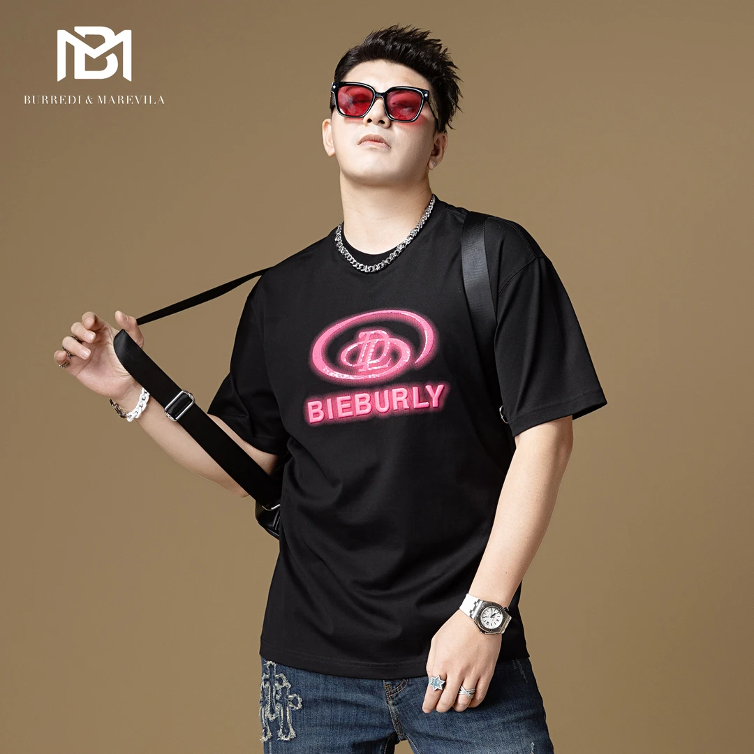 BM欧美潮牌t恤刺绣字母荧光色纯棉短袖男款半袖夏季男装2023新款