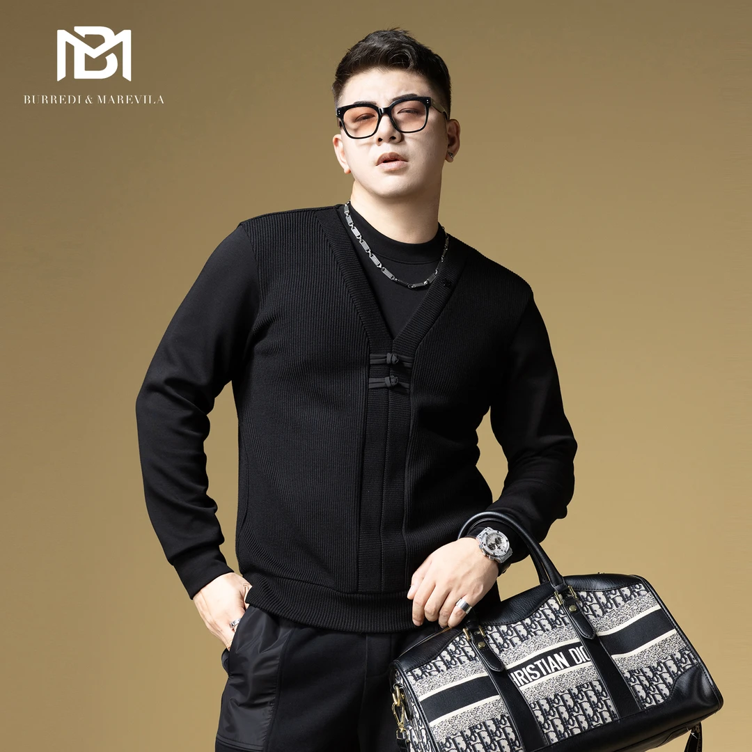 BM新中式国风盘扣卫衣男2024新款假两件针织拼接潮流男士秋季上衣