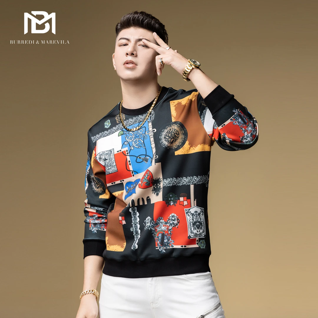 BM欧洲站男装欧货潮牌复古插画徽章印花卫衣男春秋季2023新款上衣