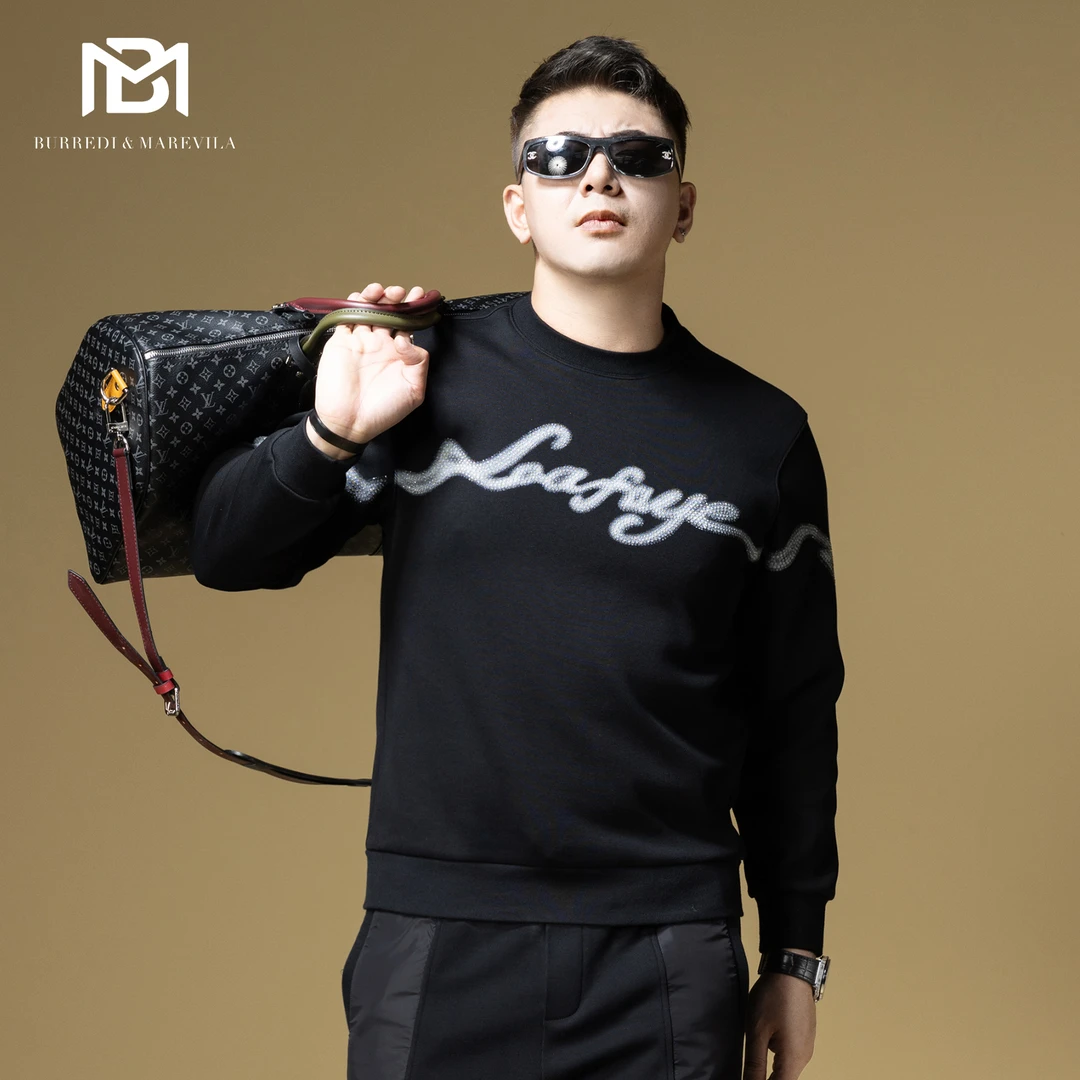 BM字母印花烫钻美式复古卫衣潮牌高级感男士休闲上衣2024新款秋季