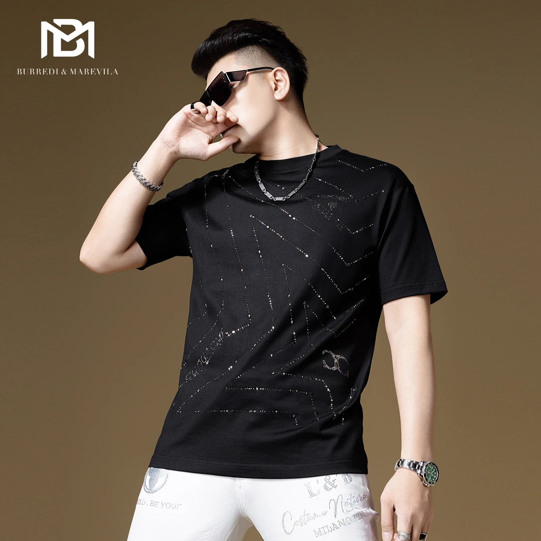 BM欧洲站t恤男复古星星烫钻宽松纯棉短袖男潮牌潮流夏季轻奢男装