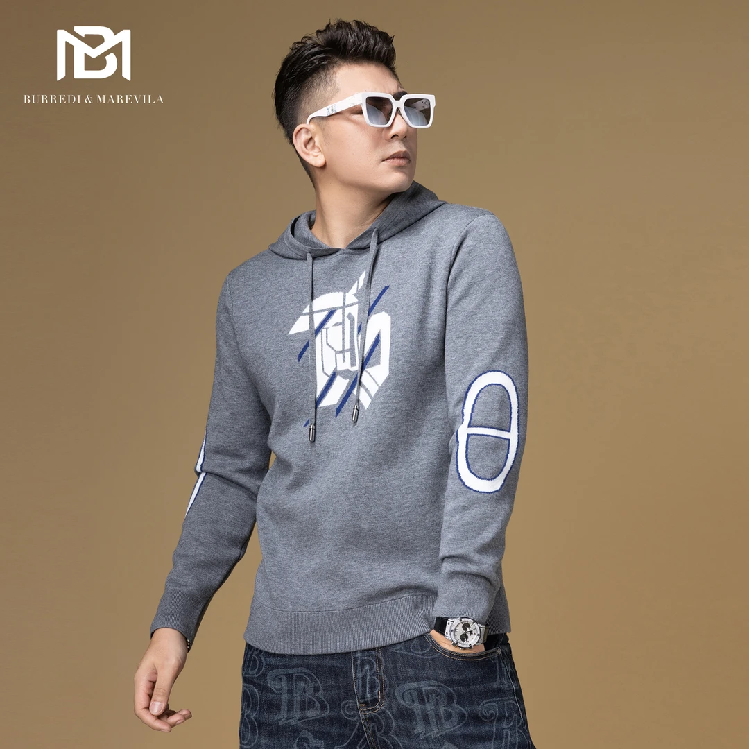 BM字母提花美式复古针织连帽卫衣男2023新款潮牌高端男士秋季上衣