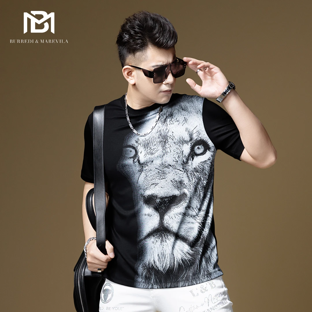 BM欧洲站t恤男狮子印花烫钻纯棉短袖男潮牌轻奢男装2023新款夏季