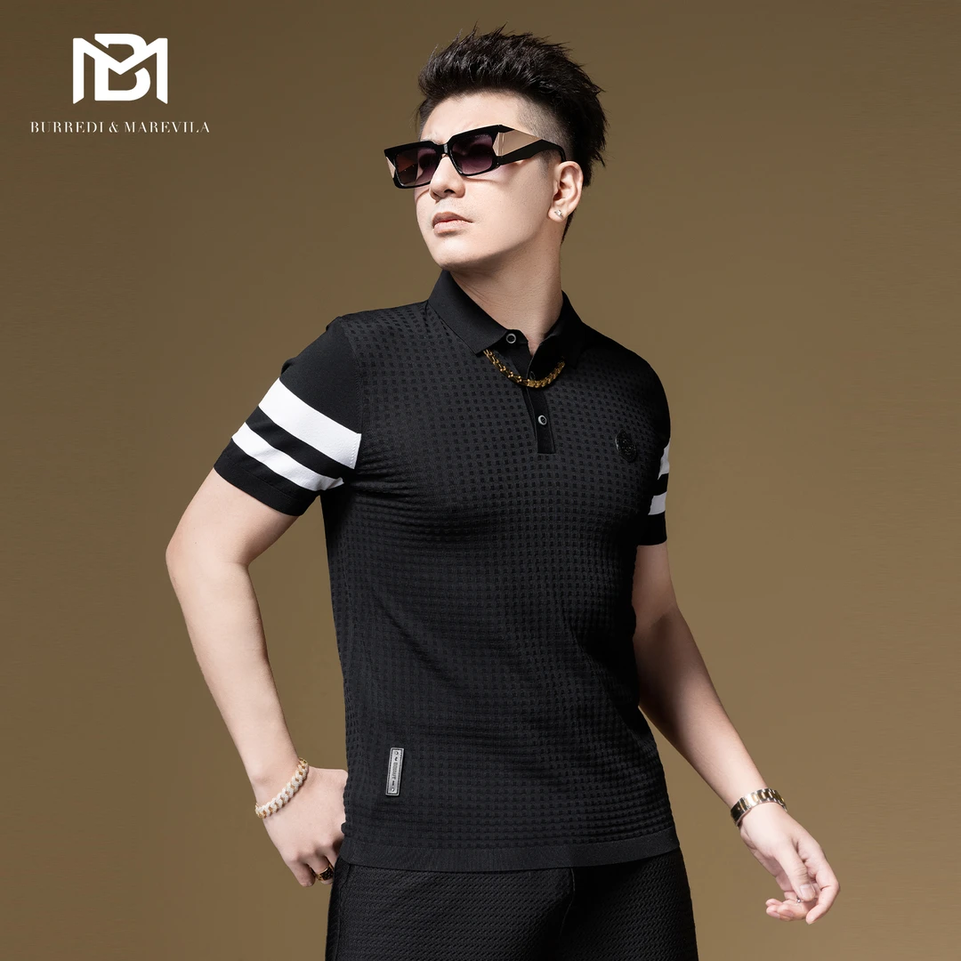 BM欧洲站t恤男暗纹修身针织短袖polo衫男潮牌轻奢男装2023新款夏