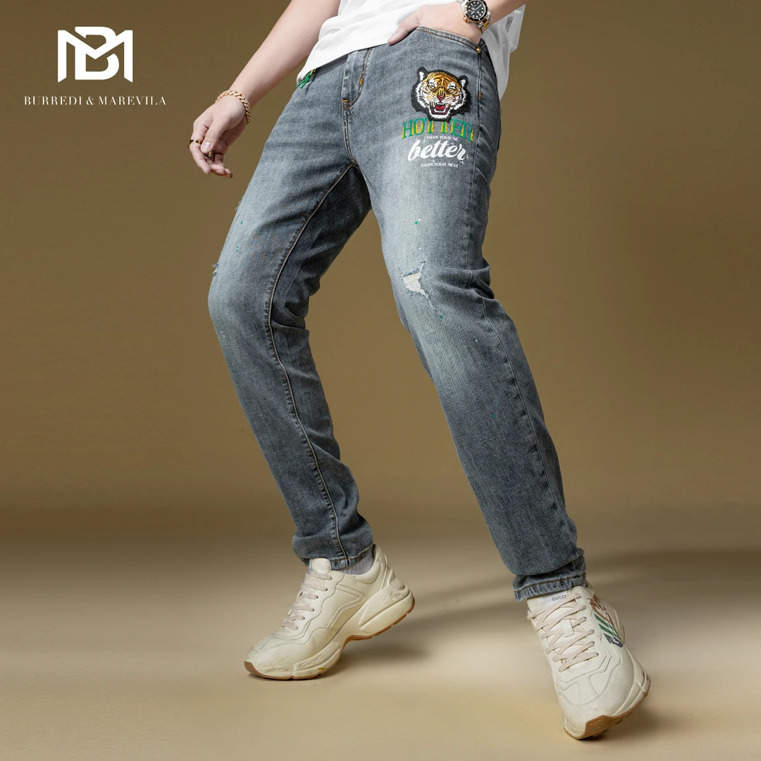 BM欧洲站虎头刺绣牛仔裤男破洞潮牌复古修身男士春季裤子2023新款
