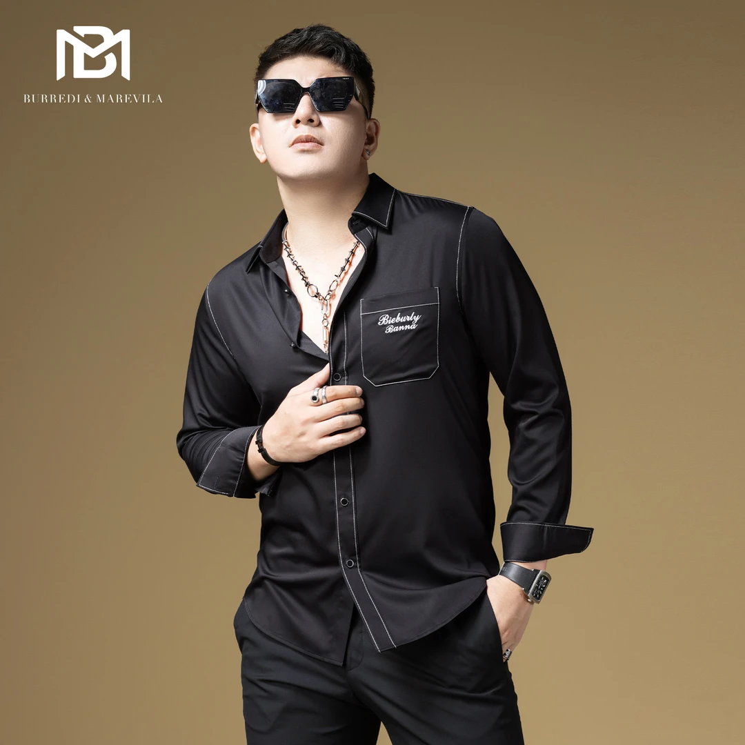 BM时尚明辑线黑色衬衫男高级感痞帅字母刺绣男士长袖衬衣休闲潮流