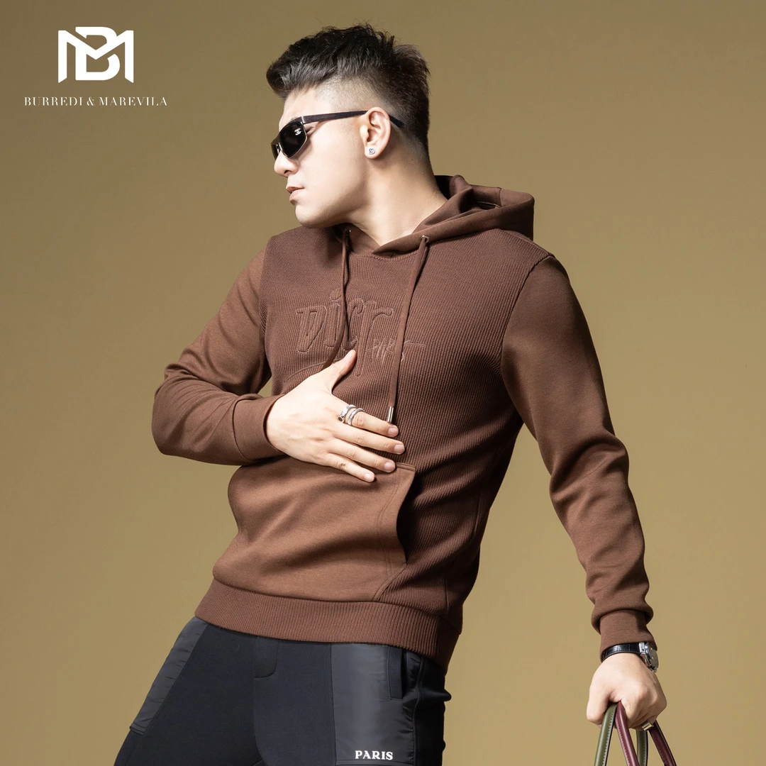 BM美式复古卫衣男连帽2024新款潮牌字母刺绣针织拼接帽衫男款秋季