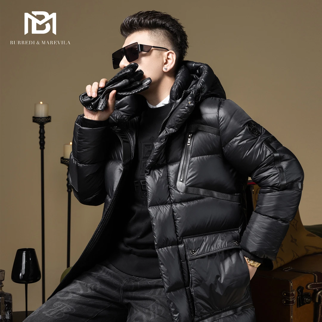 BM拼皮大口袋装饰高端羽绒服男中长款冬季加厚保暖外套2023新款潮