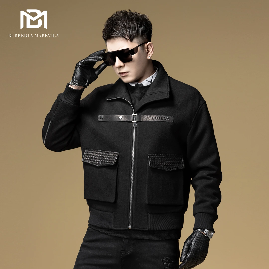 BM高端系列羊皮拼接设计感夹克外套男秋冬款潮牌帅气拉链装饰上衣
