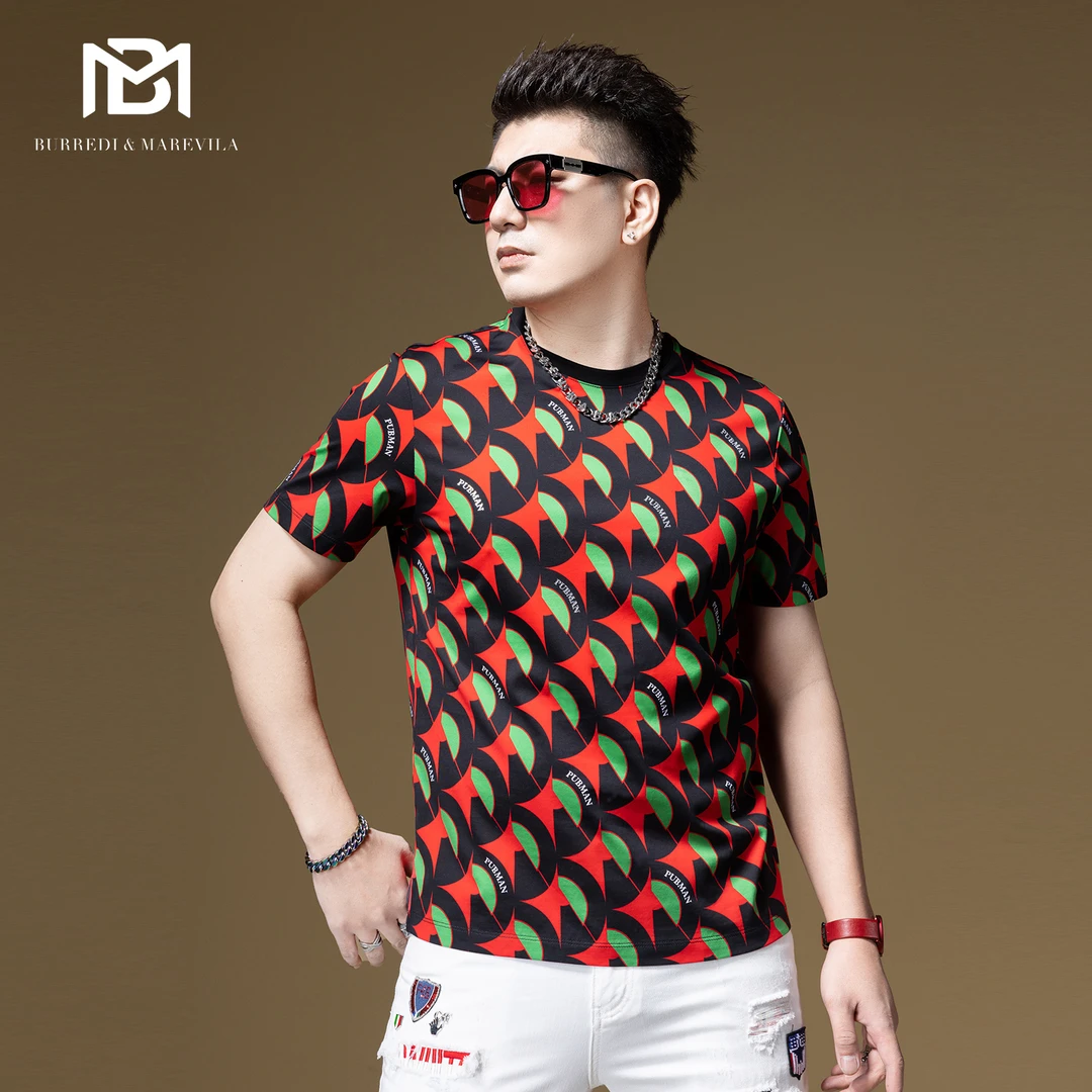 BM潮牌痞帅炸街t恤男欧洲站满花纯棉夏季男士短袖2023新款打底衫