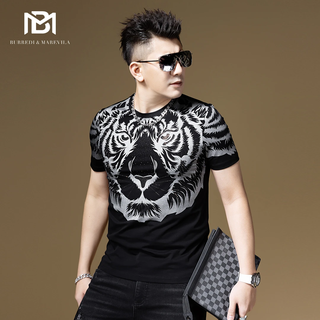 BM欧洲站t恤男虎头烫钻印花潮牌潮流短袖男装2023新款夏季打底衫