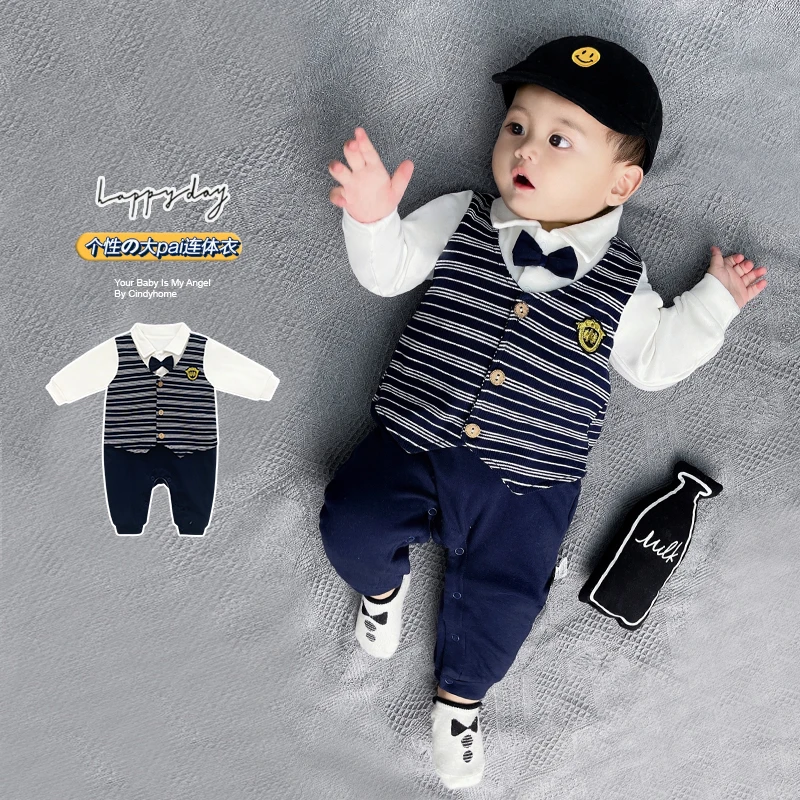 2025英伦风婴儿连体衣春秋冬季绅士洋气男宝宝百日哈衣秋装衣服