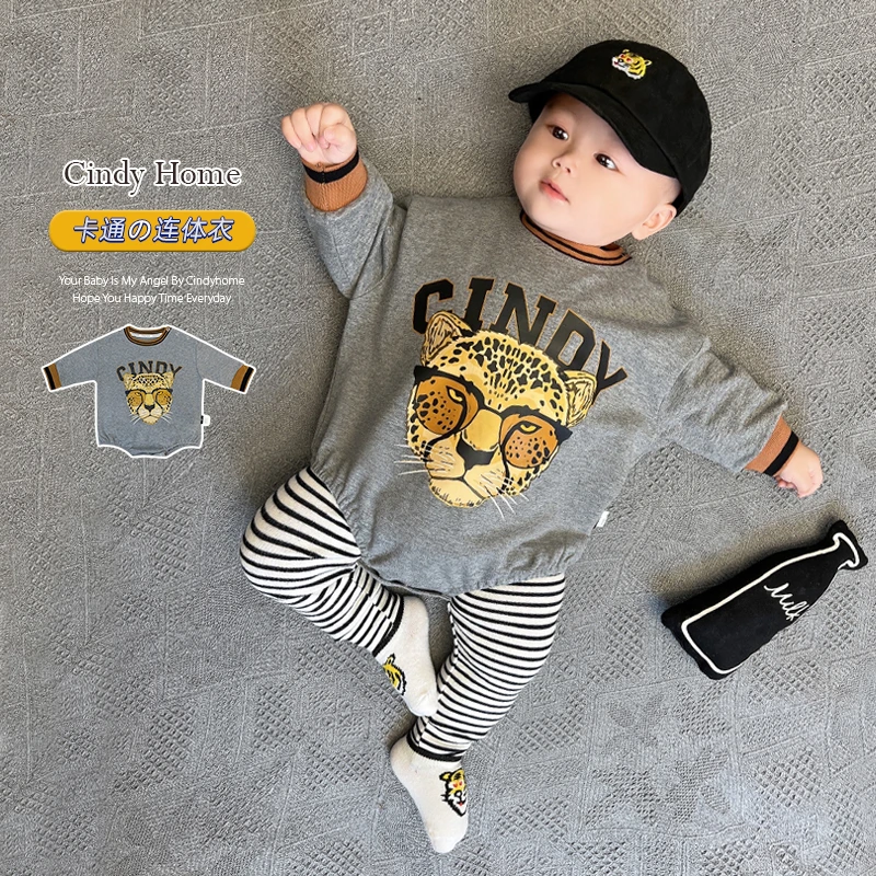 时尚卡通老虎宝宝三角哈衣春秋季长袖套头婴儿连体包屁衣秋装衣服
