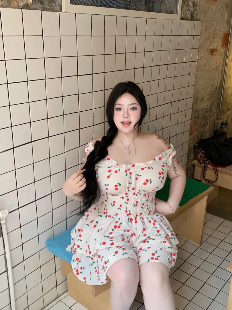 "Cherry"【清仓】微胖大码一字肩吊带连体裤裙短裙樱桃碎花夏季