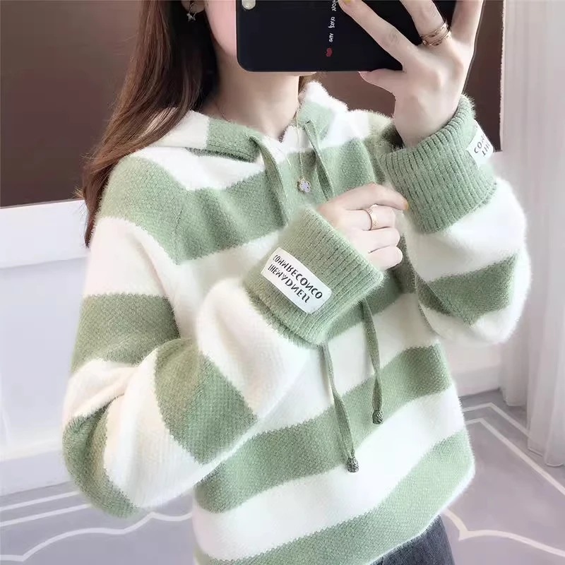 高初中学生条纹毛衣女秋冬宽松慵懒风女孩卫衣加厚连帽针织打底衫