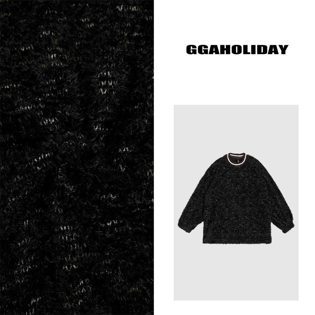 GGAHOLIDAY复古宽松圆领长袖休闲黑色潮流百搭毛绒卫衣-144098