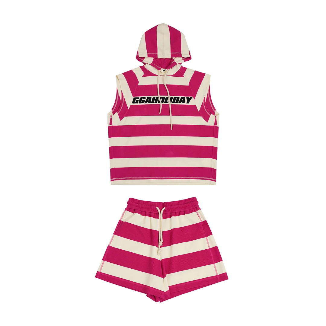 GGAHOLIDAY 潮牌夏季条纹无袖运动休闲连帽简约套装 142301/299