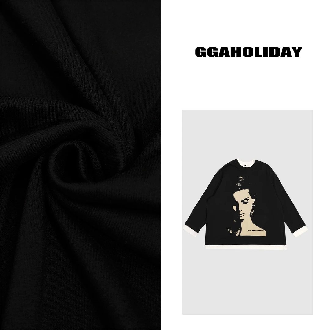 GGAHOLIDAY潮流时尚宽松休闲百搭印花T恤撞色长袖上衣-151089