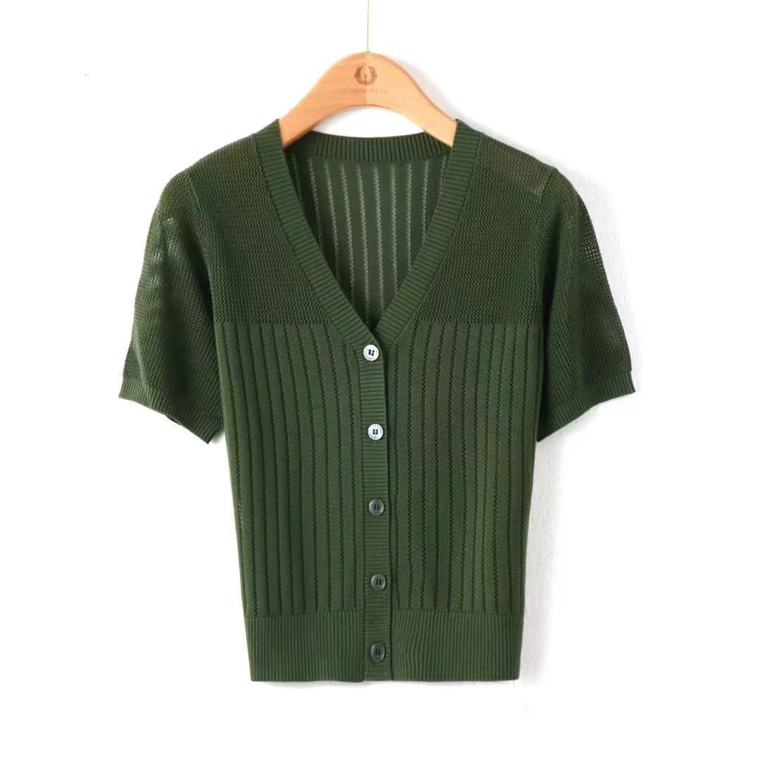 【主播推荐】2024新款针织开衫女修身V领短袖t恤外搭气质短袖女