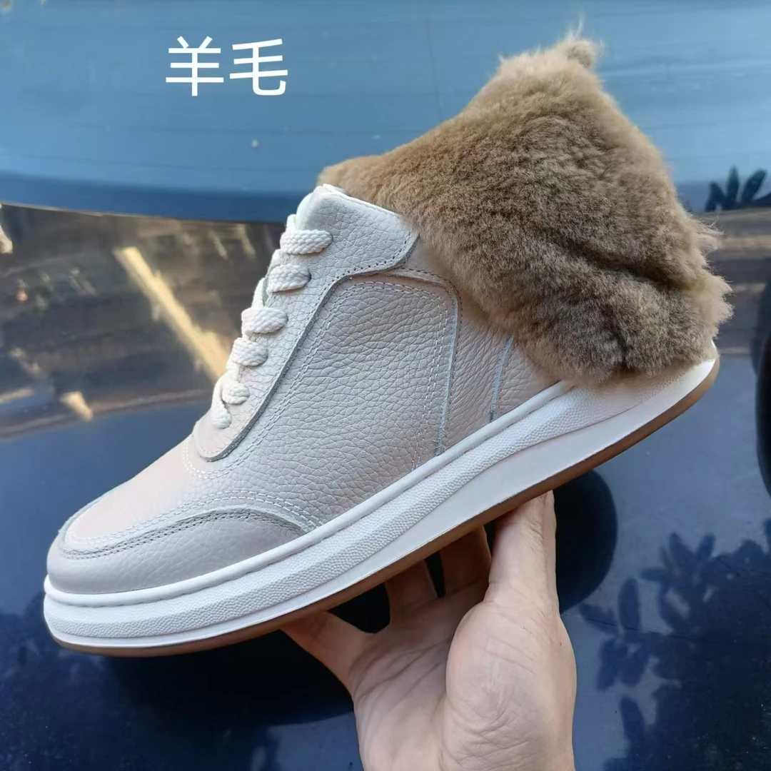 羊毛皮毛一体头层真皮冬季加厚新款男士棉鞋真皮小白鞋男时尚百搭