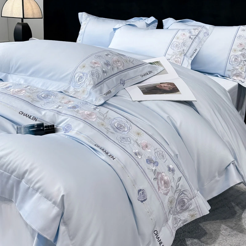 新款高端酒店风A类全棉新疆长绒棉轻奢刺绣纯棉被套床单款四件套