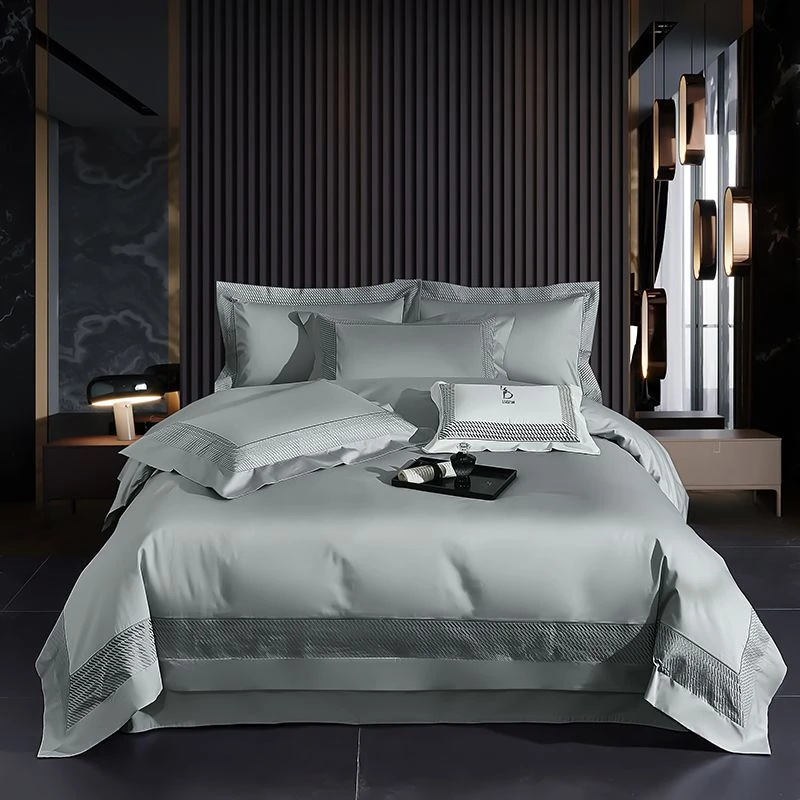 高奢-匹马棉意式简约全棉纯色宽边高端刺绣被套床单床上用品套件