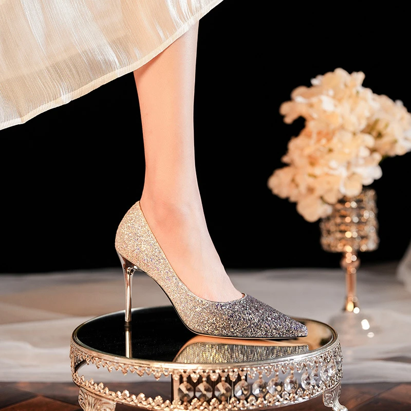 2023款渐变色高跟鞋女鞋亮片水晶尖头细跟婚鞋宴会气质名媛女神