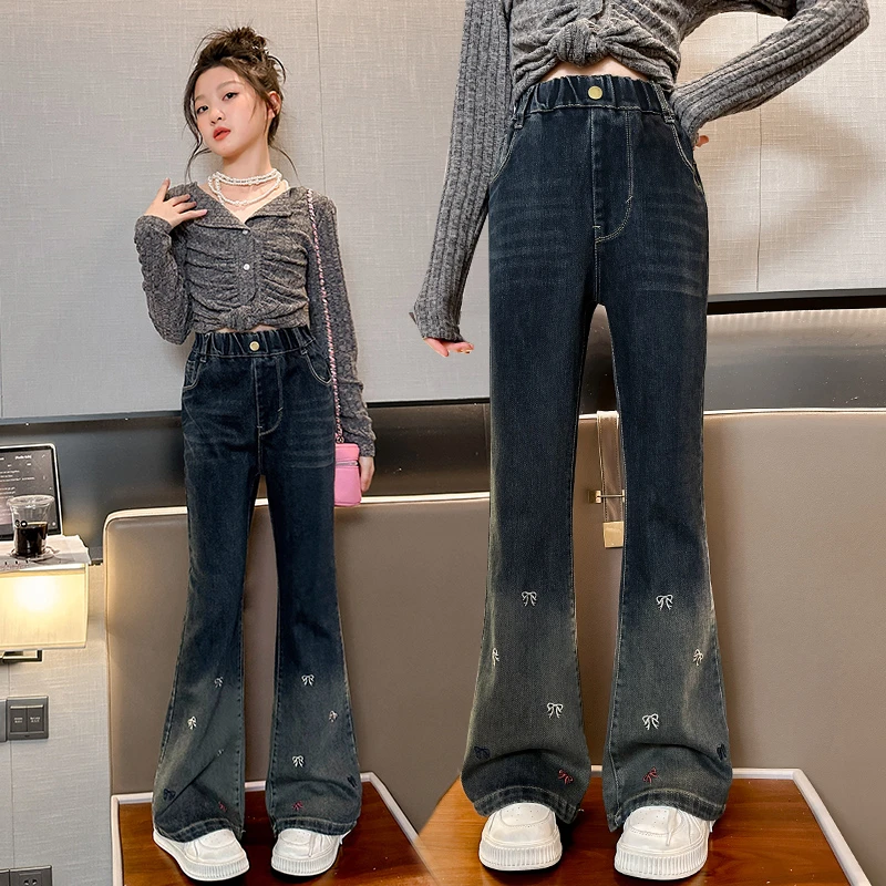 女童裤子春款洋气刺绣渐变刺绣款中大童女孩喇叭裤微喇牛仔裤女童