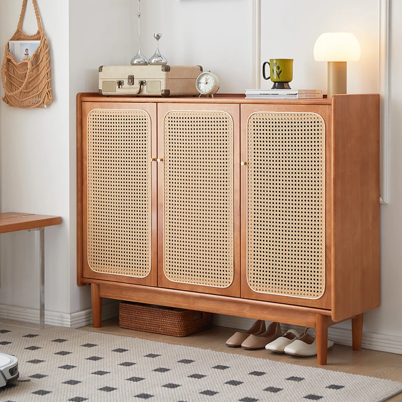 全实木鞋柜简约玄关柜大容量鞋架入户收纳柜藤编储物柜客厅置物柜