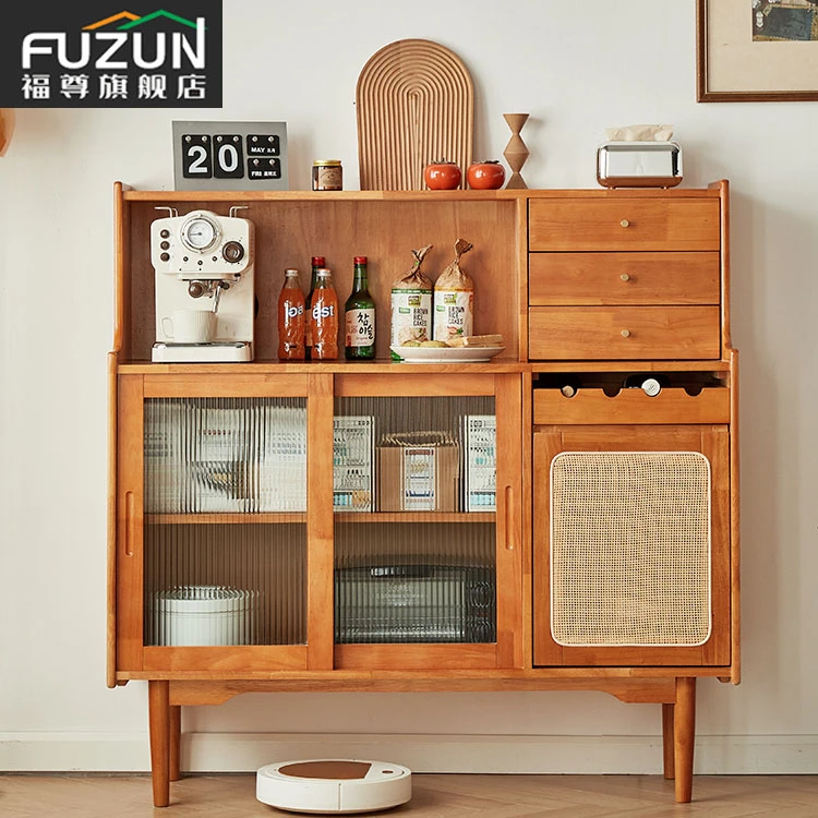 全实木餐边柜现代简约餐厅碗柜樱桃木色置物柜家用茶水柜储物柜