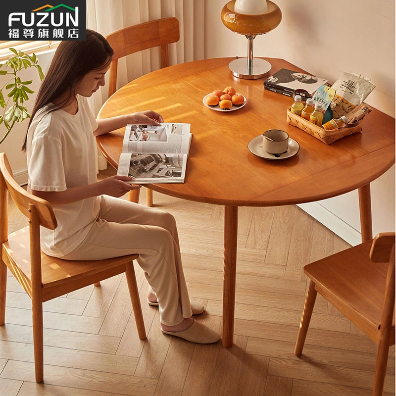 全实木折叠餐桌现代简约客厅桌胡桃色方桌变圆形餐桌可伸缩餐桌椅