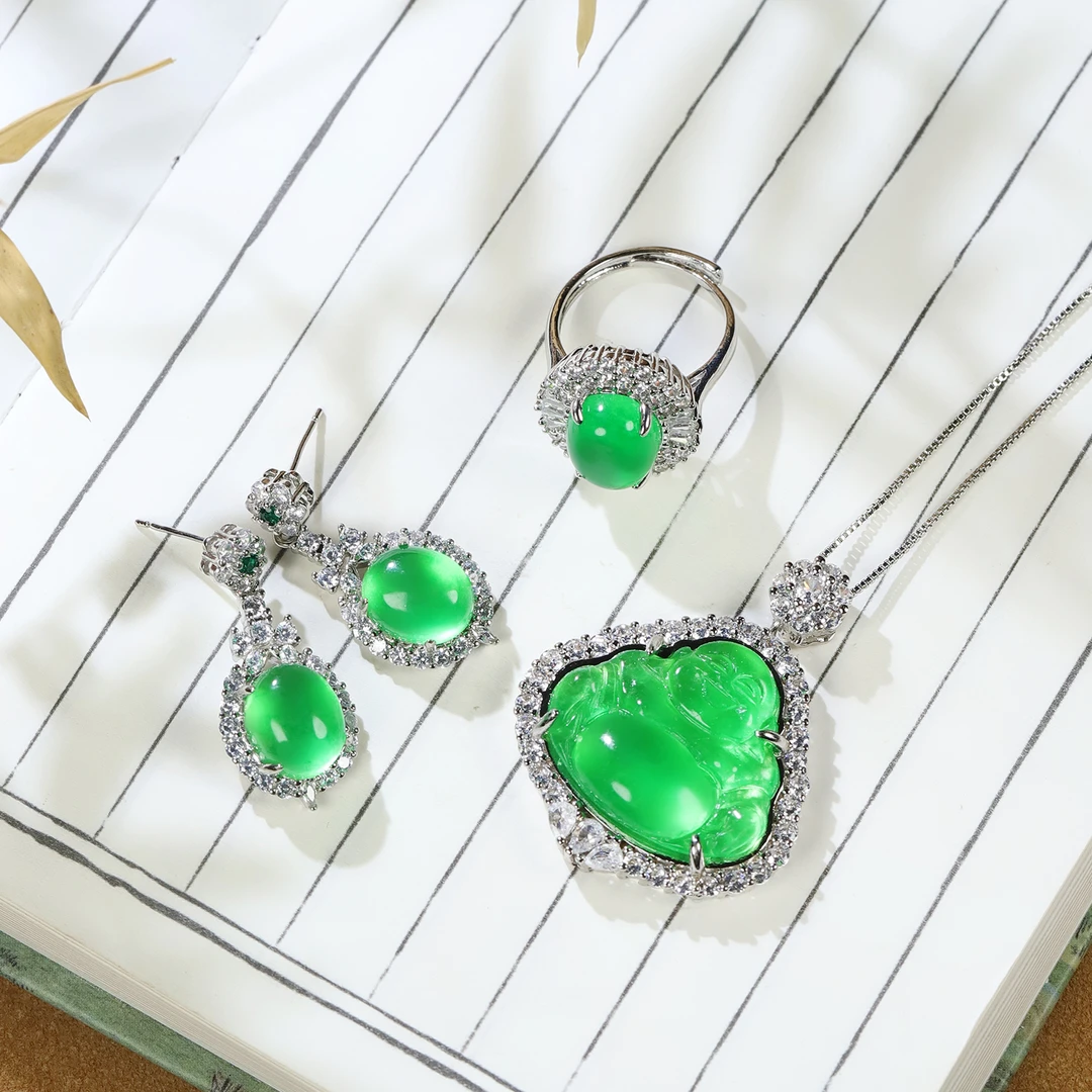 正品爆款满绿色佛公三件套高档精美时尚女款项链