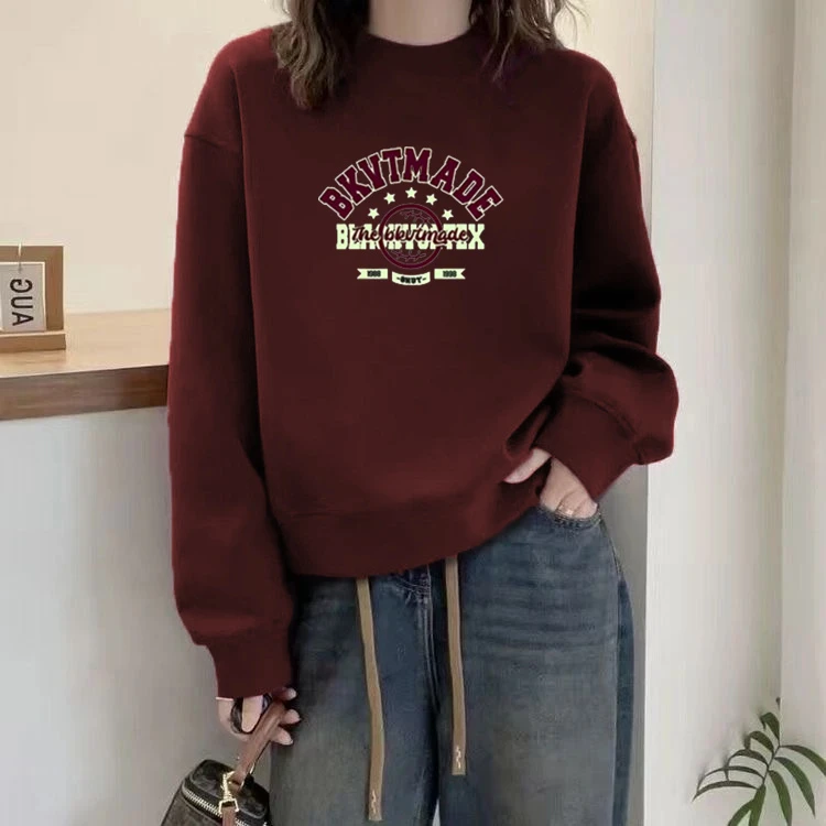 2024新款圆领春秋冬季时尚卫衣女潮流百搭休闲风宽松加绒加厚卫衣