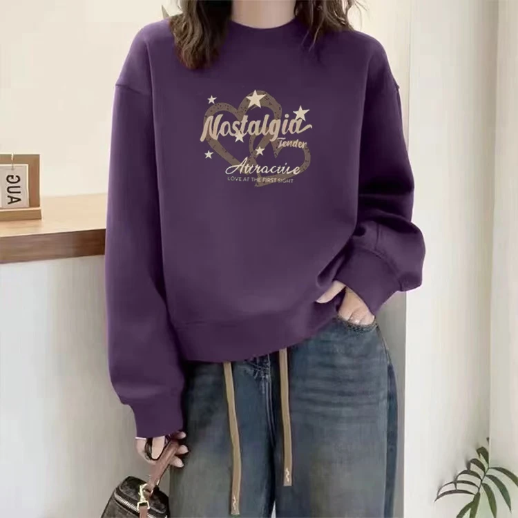 圆领春秋冬季卫衣女2024新款潮流时尚百搭休闲风宽松显瘦加绒卫衣