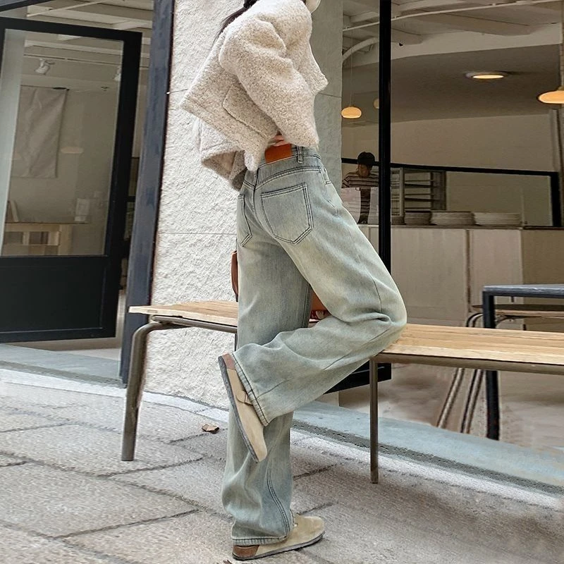 黄泥染高腰阔腿牛仔裤女春秋新款梨型身材高腰宽松显瘦直筒拖地裤