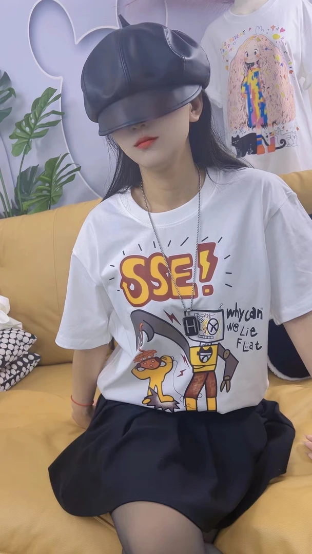 T2024新款圆领印花百搭复古韩版潮流纯棉宽松舒适针织白色短袖