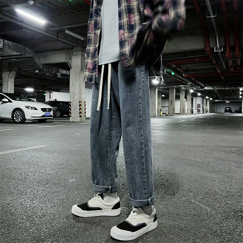 直筒宽松牛仔裤男潮流高街抽绳松紧腰百搭学生休闲阔腿春秋冬长裤