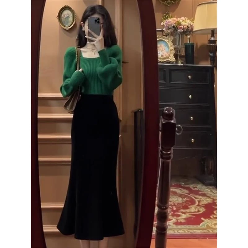 针织鱼尾裙女小个子秋冬天配毛衣中长裙包臀裙高腰黑色a字半身裙