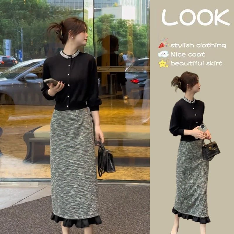 小香风气质感轻奢套装女镶钻长袖针织衫半身裙两件套秋季新款女装