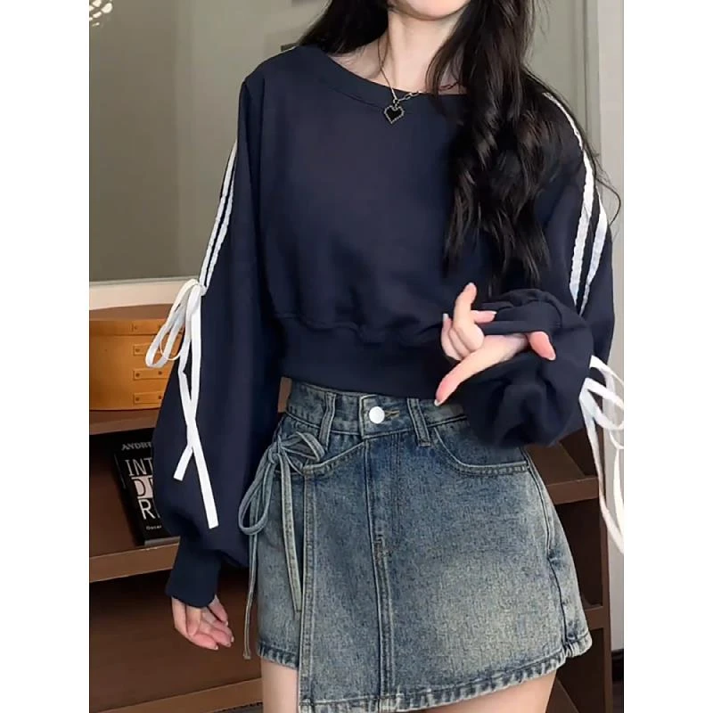 美式宽松长袖卫衣2024早秋新款大码女装胖mm设计感蝴蝶结短款上衣